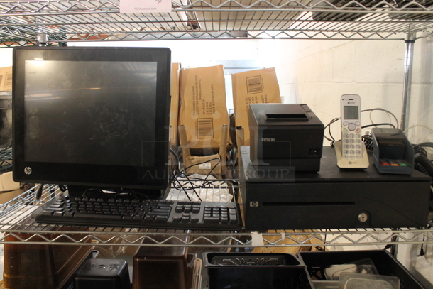 HP POS Monitor w/ Epson M244A Receipt Printer, Cash Drawer, Credit Card Reader, Phone and Keyboard - Image 1 of 12
