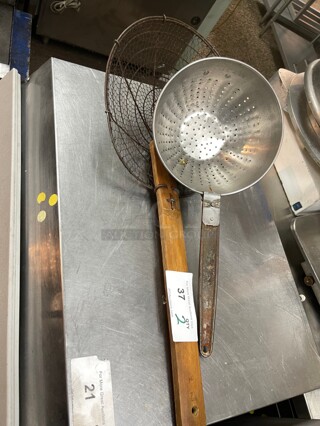 25inch Reinforced Heavy Duty Double Medium Tin Mesh Strainer with Wood Handle and 23 inch Heavy Duty Stainless Strainer With Metal Handle