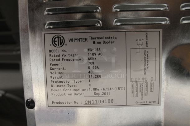 BRAND NEW SCRATCH AND DENT! Whynter WC-16S Stainless Steel  16 Bottle Thermoelectric Wine Cooler With Steel Wine Racks. 110V. Tested And Working!  - Image 5 of 5