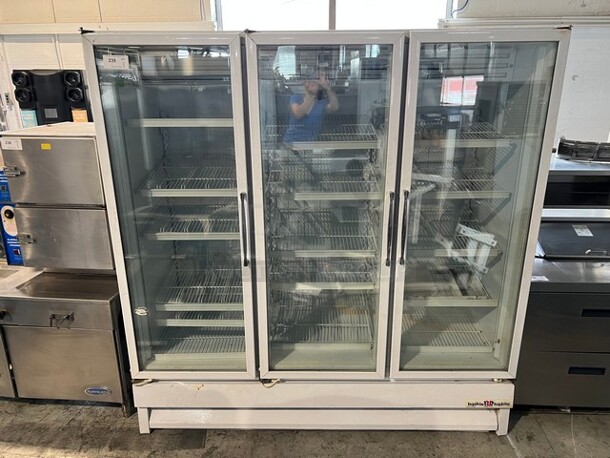 National Model ULG80BCP-6 Metal Commercial 3 Door Reach In Freezer Merchandiser w/ Poly Coated Racks. 115/208-230 Volts, 1 Phase. 78x33x80