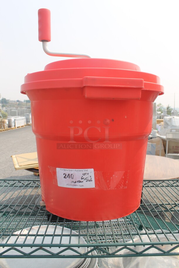 ALL ONE MONEY! Lot of Items Including Metro Shelf With Red Salad Spinner, Aluminum/Steel Plates And Bowls. BUYER MUST DISMANTLE. PCI CANNOT DISMANTLE FOR SHIPPING. PLEASE CONSIDER FREIGHT CHARGES. - Image 2 of 5