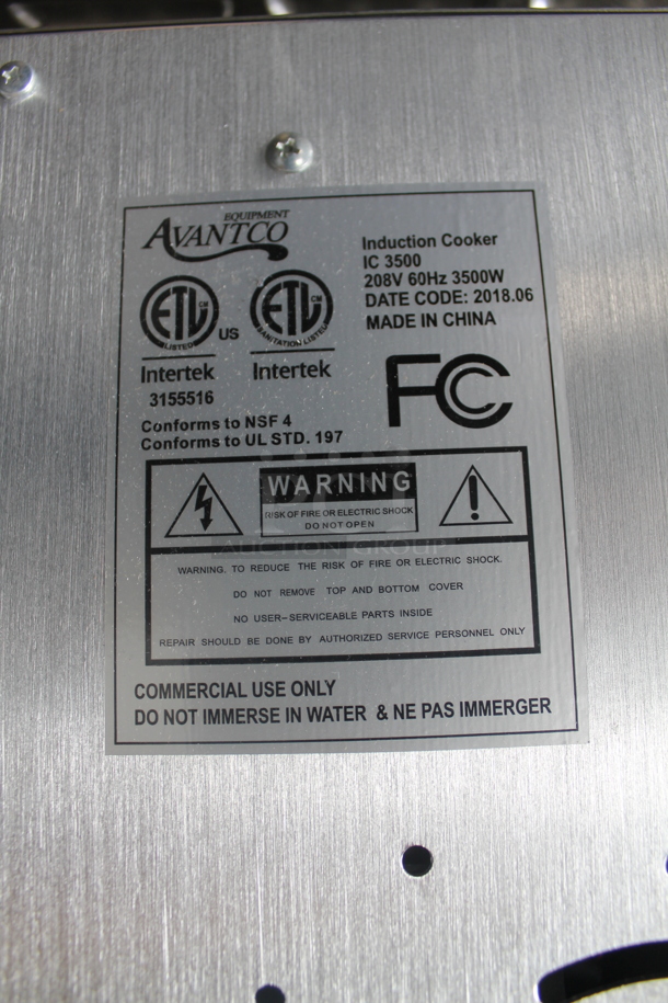 LIKE NEW! 2018 Avantco IC 3500 Stainless Steel Commercial Countertop Electric Powered Single Burner Induction Range. 208 Volts, 1 Phase. Unit Has Only Been Used a Few Times! Tested and Working! - Image 5 of 6
