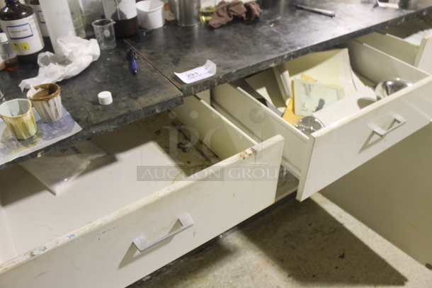 White Counter w/ Black Countertop, Doors, Drawers and Contents. BUYER MUST REMOVE. - Image 7 of 9