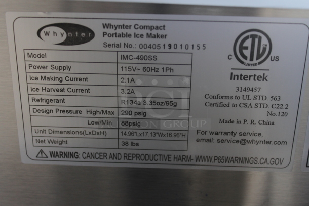 BRAND NEW SCRATCH AND DENT! Whynter IMC-490SS Compact Portable Stainless Steel Ice Maker With Scooper. 115V, 1 Phase. Tested and Working! - Image 5 of 5