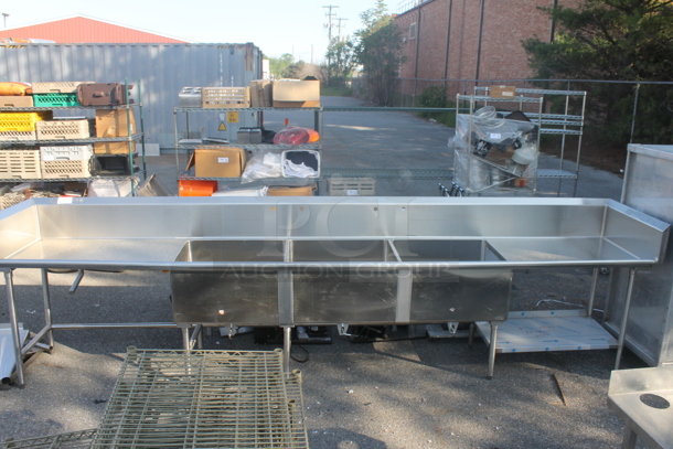 BRAND NEW! Vollrath Commercial Stainless Steel Flush Mount 3 Bay Sink With Left and Right Drain Boards And Right Side Undershelf On Galvanized Legs. Bays are 28x24x15 deep and Drainboards are 37x26