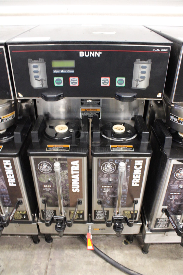 2015 Bunn Model DUAL SH DBC Stainless Steel Commercial Countertop Dual Coffee Machine w/ Hot Water Dispenser and 2 Bunn Model SH SERVER Satellite Servers. 120/208-240 Volts, 1 Phase. 18x24x36. Tested and Working!