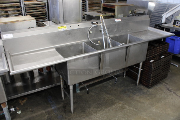 Stainless Steel Commercial 3 Bay Sink w/ Dual Drainboards, Faucet, Handles and Spray Nozzle Attachment. 102x24x46. Bays 18x18x13. Drainboards 22x21x1