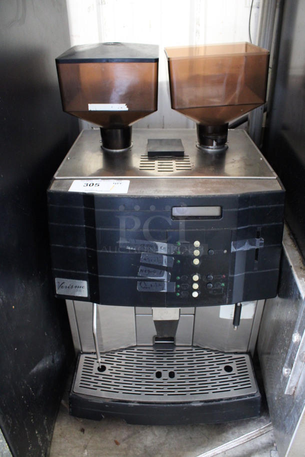 Schaerer Model Verismo 701 Metal Commercial Countertop Automatic Coffee Machine w/ 2 Hoppers. Missing 1 Lid. 208-240 Volts, 1 Phase. 16.5x19.5x30.5