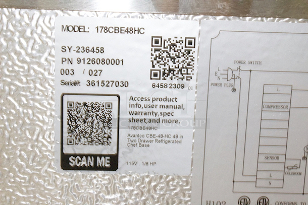 Avantco CBE-48-HC 48" 2 Drawer Refrigerated Chef Base. Not tested. Missing on/off switch.  - Image 6 of 6
