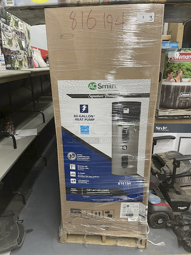 NEW / NEVER USED!! [3] A.O. Smith Signature 900 Premier – Model: HP10-80H45DV – 80-Gallon 10-YEAR HYBRID HIGH EFFICIENCY ELECTRIC HEAT PUMP WATER HEATER – Ideal Hot Water Delivery For Households W/ 5+ People, 208-240v, (2) Back-Up 4500-Watt Copper Heating Elements, Delivers 82 Gallons In 1st Hour. 27” x 69”. 3x Your Bid  - Image 1 of 3