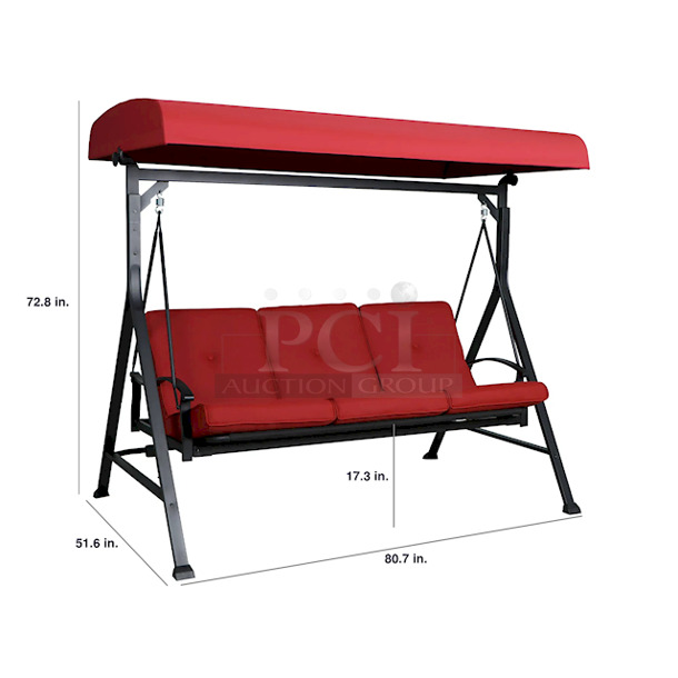 IN THE BOX & WAITING FOR YOU!! Mainstays Belden Park 3 Person Seat Outdoor Furniture Patio Swing and Daybed with Canopy, Red. 80.71” x 51.57” x 72.83”  - Image 2 of 8
