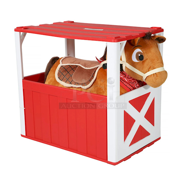 AWESOME!! 6 Volt Stable Buddies Chestnut Horse Plush Ride-On by Dynacraft, with Removable Bandana and Play Stable Included! 30.71"L x 17.72"W x 26.77"H - Image 2 of 9