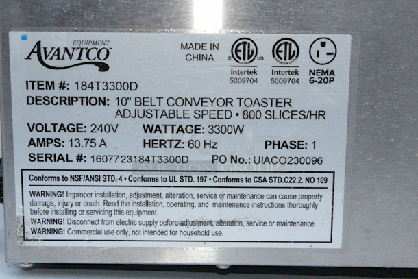 BRAND NEW SCRATCH & DENT!! Avantco 184T3300B Commercial 10" Wide Conveyor Toaster with 3" Opening - 208V, 3300W, 800 Slices per Hour. - Image 5 of 6