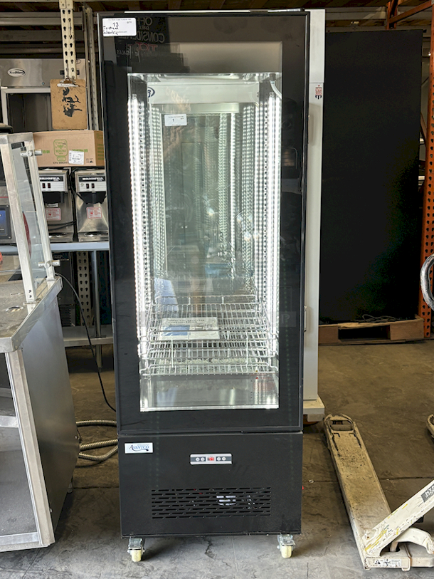 BRAND NEW SCRATCH & DENT! Avantco GD4C-15-HC Black 4-Sided Glass Refrigerated Display Case. 115v TESTED. IN PERFECT WORKING ORDER. SN:1447801050020 25-1/2 x 25-1/2x74-13/16 Exterior Glass on Back Of Unit Is Damaged. Interior Glass Is Undamaged  - Image 2 of 8