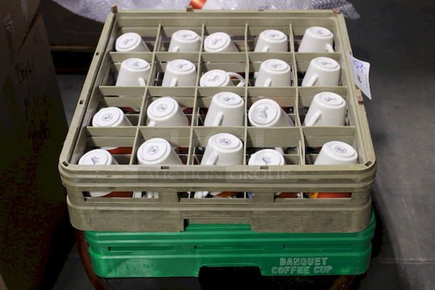 HUGE LOT! 50 Coffee Cups White With Copper Pattern With Glass Racks. 50x Your Bid.  - Image 5 of 6
