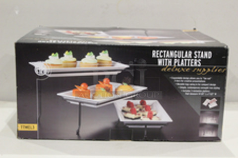 NEW, NEVER USED! American Metalcraft TTMEL3 Ironworks Three-Tier Foldable Rectangular Display Stand With Melamine Platters. This Set Comes With (3) 14 1/4" X 7 1/2" Melamine Platters That Perfectly Nest In The Wrought Iron Stand, Each Of The 3 Legs Can Fan Out To Any Width You Choose. 