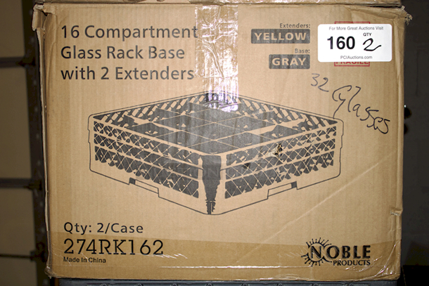 NEW! (2) Noble Products 274RK162 16-Compartment Gray Full-Size Glass Rack with 2 Yellow Extenders & 32 Wine Glasses. 2x Your Bid - Image 1 of 6