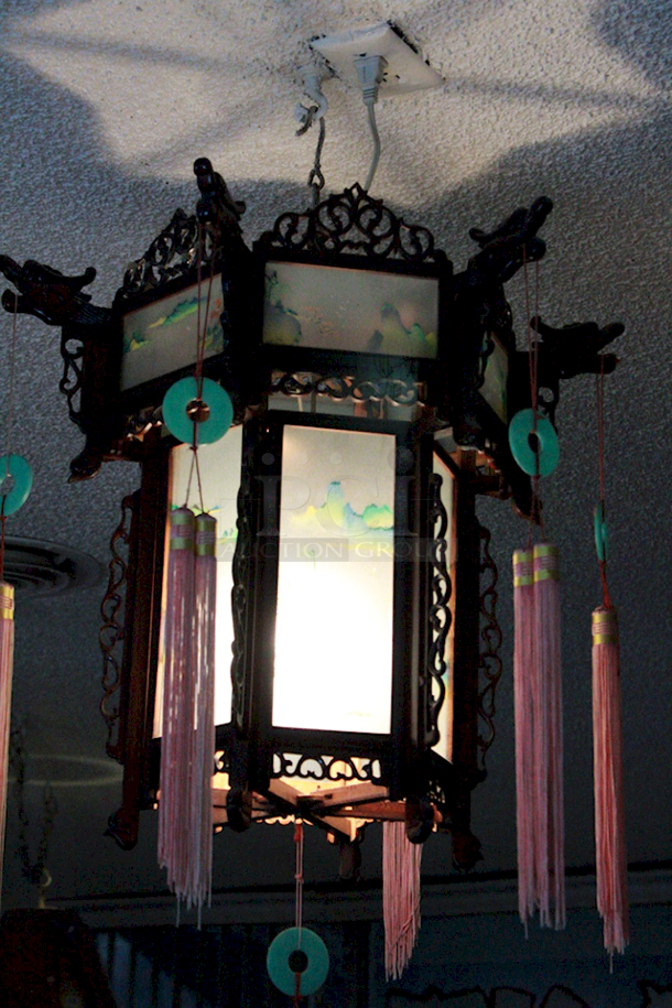 VINTAGE! Classical Chinese Hanging Lanterns With Ornate Carvings & Designs, With Light Fixture. - Image 2 of 4