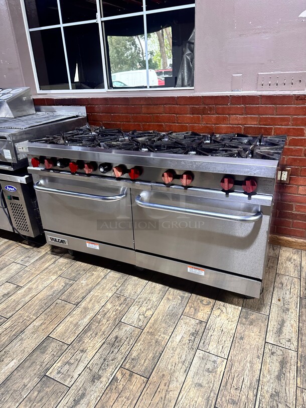 Late Model Vulcan V60 60 inch 10 Burner Gas Range w/ (2) Standard Ovens, Natural Gas Working - Image 1 of 9