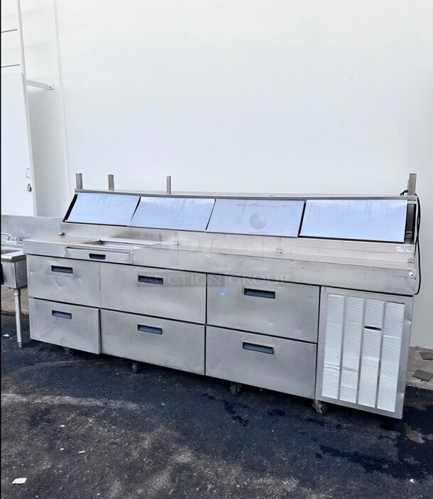 Working Delfield F18RC114 114 inch Three Door Refrigerated Pizza Prep Table - Image 6 of 8